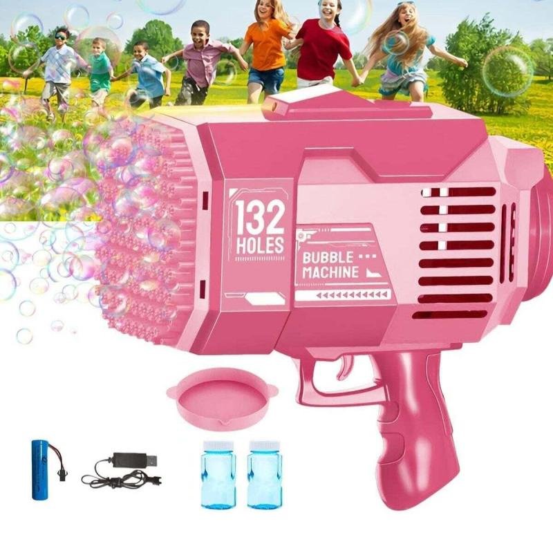 مسدس فقاعات جاتلينج ذو 132 فتحة مع أضواء LED ملونة - وردي