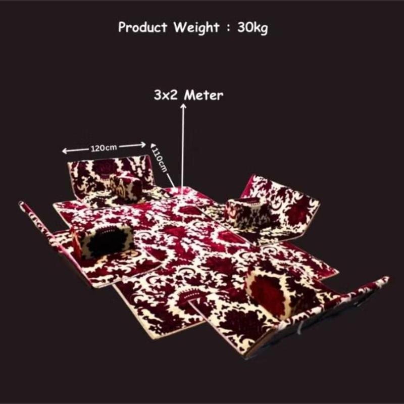 طقم جلسة أرضية 9 قطع: فرشة 300×200 سم، 4 كراسي أرضية لشخصين و4 مراكي مريحة، مناسبة للرحلات والتخييم
