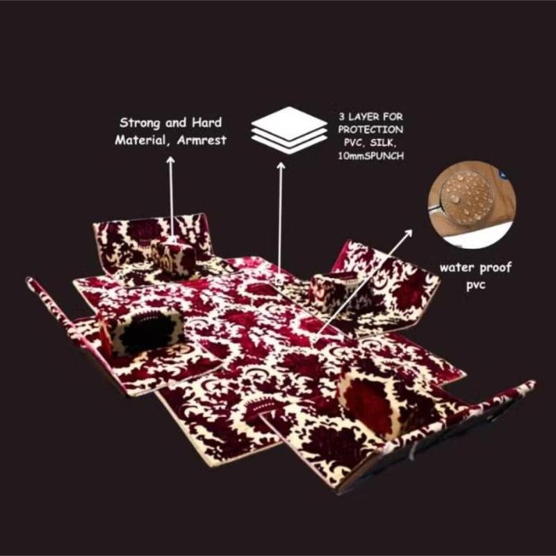 طقم جلسة أرضية 9 قطع: فرشة 300×200 سم، 4 كراسي أرضية لشخصين و4 مراكي مريحة، مناسبة للرحلات والتخييم