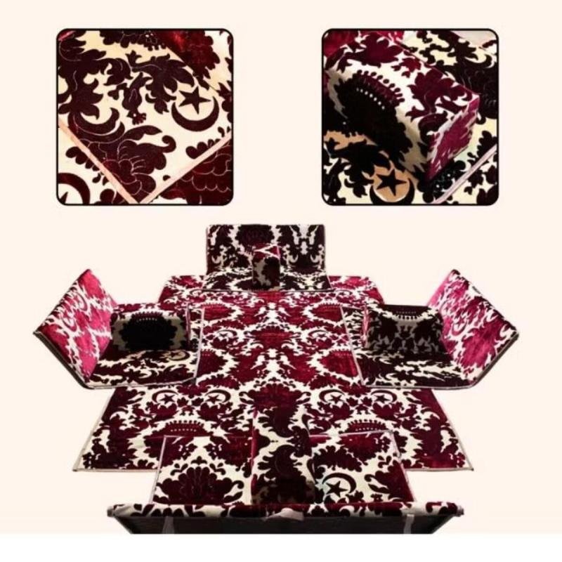 طقم جلسة أرضية 9 قطع: فرشة 300×200 سم، 4 كراسي أرضية لشخصين و4 مراكي مريحة، مناسبة للرحلات والتخييم