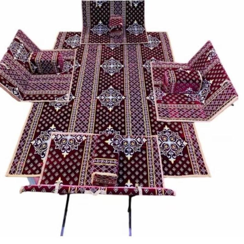 طقم جلسة أرضية 9 قطع: فرشة 300×200 سم، 4 كراسي أرضية لشخصين و4 مراكي مريحة، للرحلات والتخييم