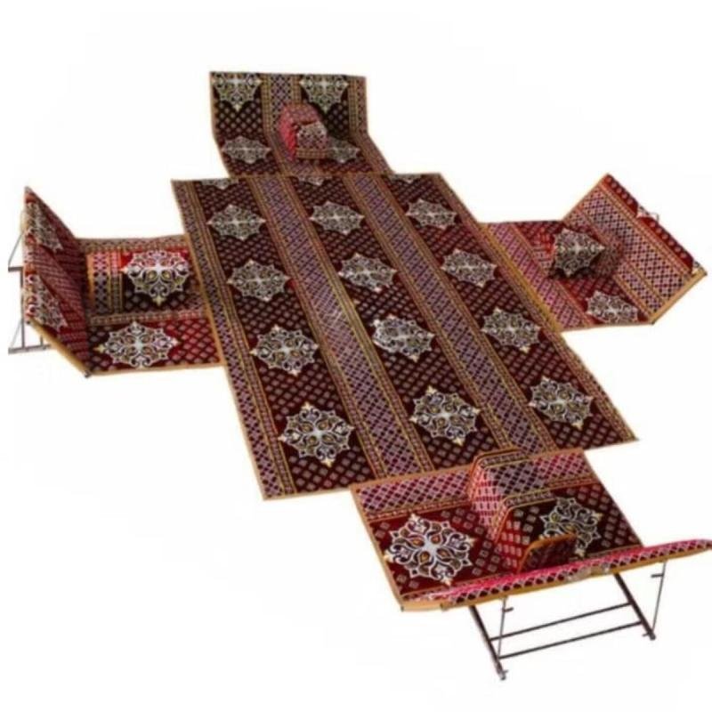 طقم جلسة أرضية 9 قطع: فرشة 300×200 سم، 4 كراسي أرضية لشخصين و4 مراكي مريحة، للرحلات والتخييم