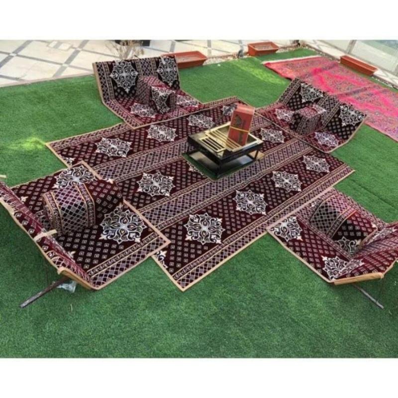 طقم جلسة أرضية 9 قطع: فرشة 300×200 سم، 4 كراسي أرضية لشخصين و4 مراكي مريحة، للرحلات والتخييم