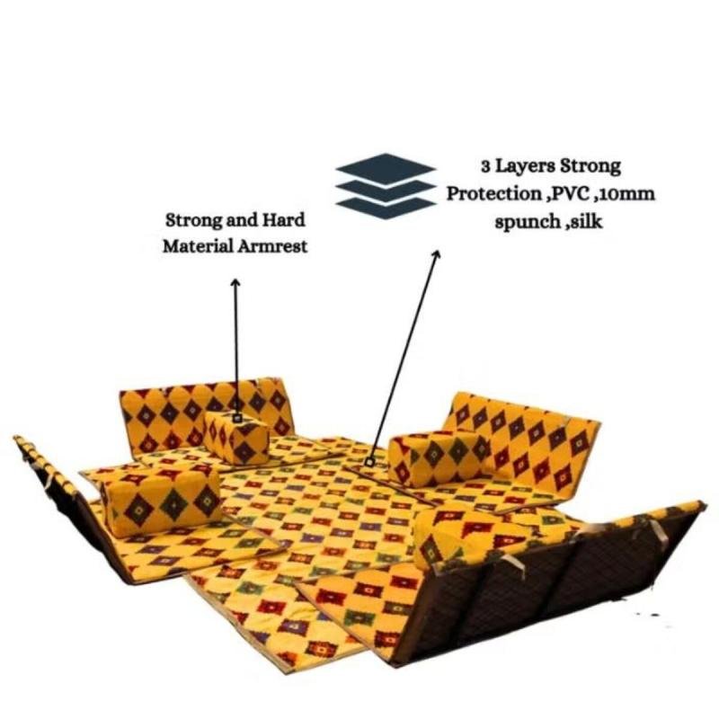 طقم جلسة أرضية 9 قطع: فرشة 300×200 سم، 4 كراسي أرضية لشخصين و4 مراكي مريحة، تصميم عربي عصري
