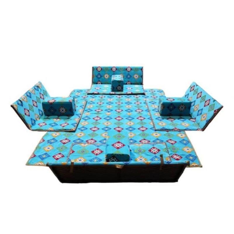 طقم جلسة أرضية 9 قطع: فرشة 300×200 سم،4 كراسي أرضية لشخصين و4 مراكي مريحة، تصميم عربي تراثي