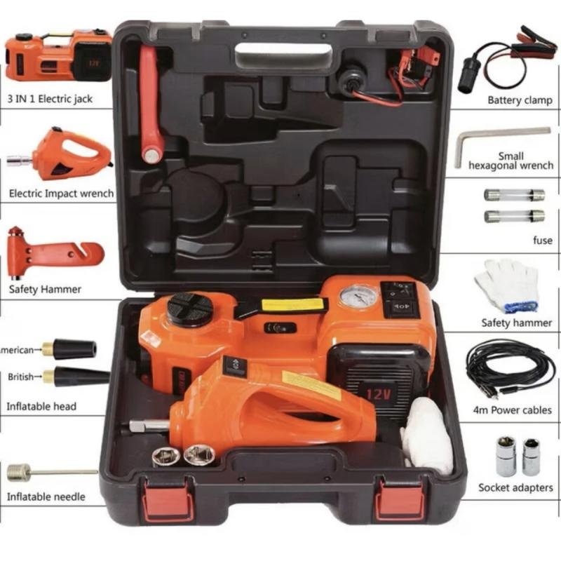 رافعة سيارة كهربائية 4 في 1 مع منفاخ هواء ومفتاح ربط ومطرقة أمان