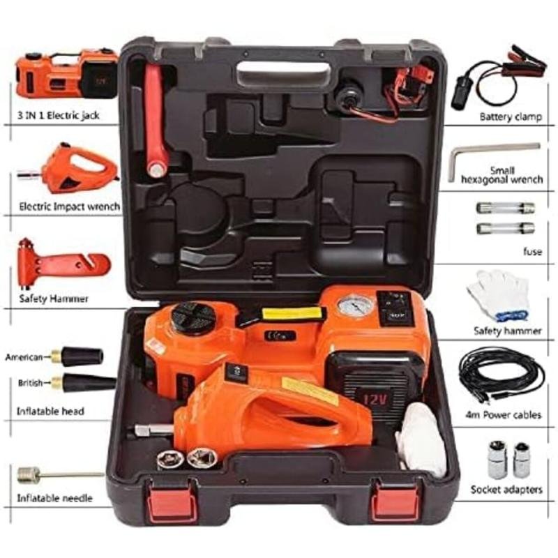 جاك هيدروليكية كهربائية للسيارة بقوة 5 أطنان و12 فولت ومفتاح ربط صدمات مع منفاخ إطارات ممتاز