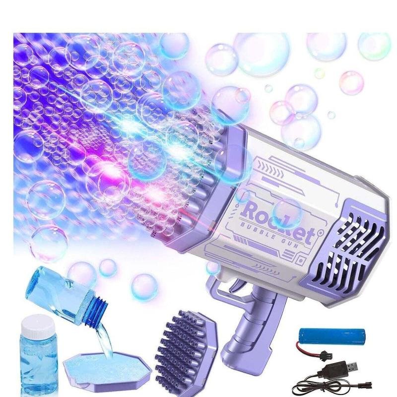 مسدس فقاعات صاروخي مزود بـ 69 فتحة وأضواء ملونة ومحلول فقاعات للأطفال والفتيات