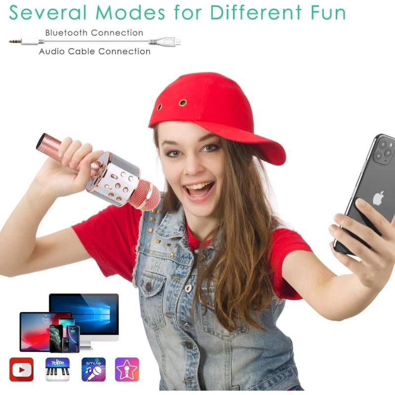 ميكروفون لاسلكي محمول 5 في 1 يعمل بتقنية البلوتوث للكاريوكي مع مكبر صوت ومسجل، راديو FM قابل للتعديل