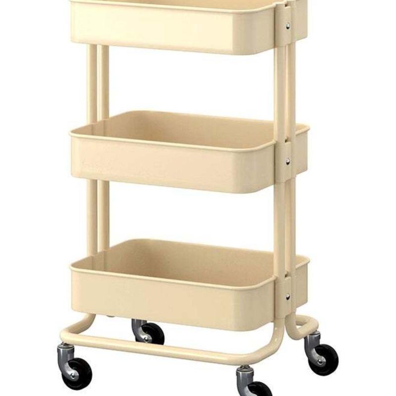 عربة منزلية بثلاثة أرفف وأربع عجلات، لون بيج، 45 سم