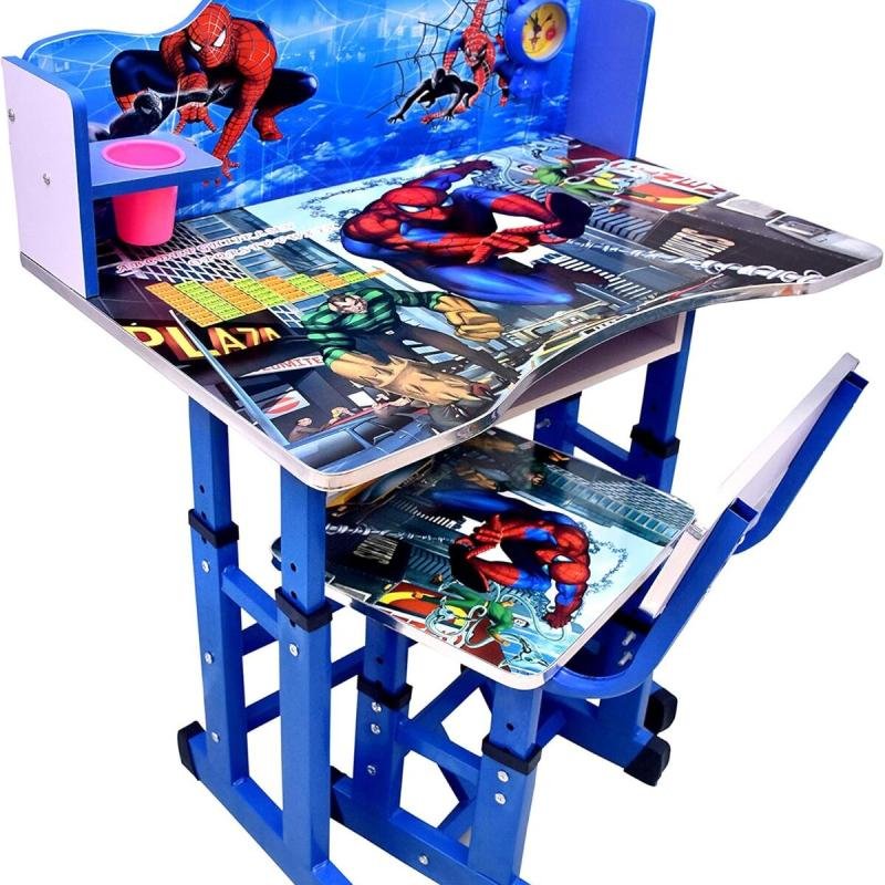 طاولة وكرسي دراسة للأطفال من خشب توبي المصنوع يدويًا- سبايدر ازرق