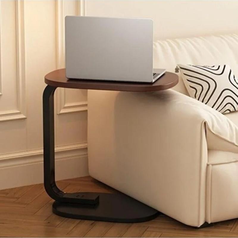 طقم من 4 قطع - طاولة قهوة عصرية | طاولة جانبية على شكل حرف C بسطح خشبي بيج وإطار معدني أسود