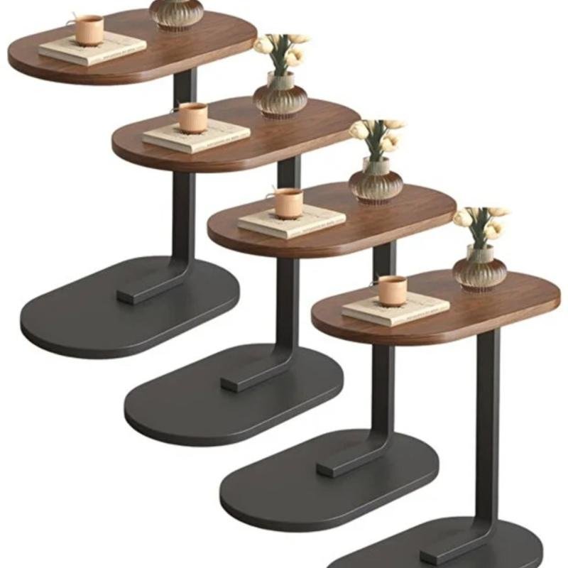 طقم من 4 قطع - طاولة قهوة عصرية | طاولة جانبية على شكل حرف C بسطح خشبي بيج وإطار معدني أسود