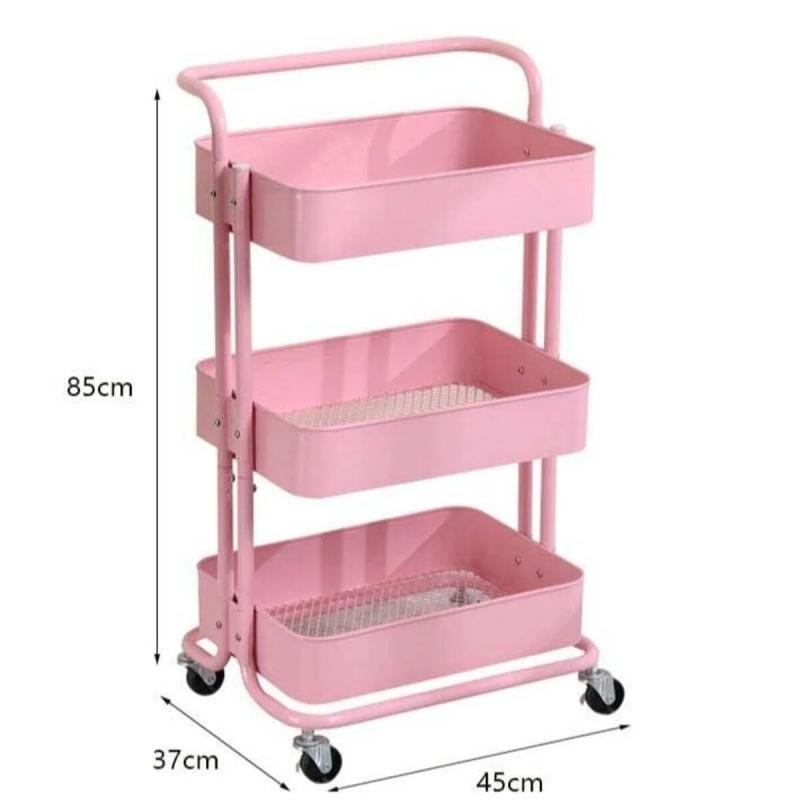 رف تخزين معدني بثلاث طبقات، دوار، وردي، 85×45×37 سم