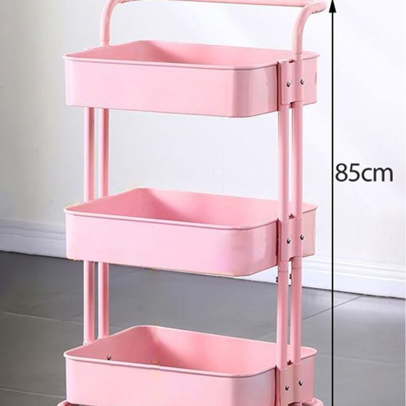 رف تخزين معدني بثلاث طبقات، دوار، وردي، 85×45×37 سم