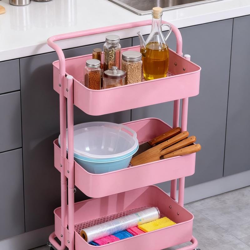 رف تخزين معدني بثلاث طبقات، دوار، وردي، 85×45×37 سم