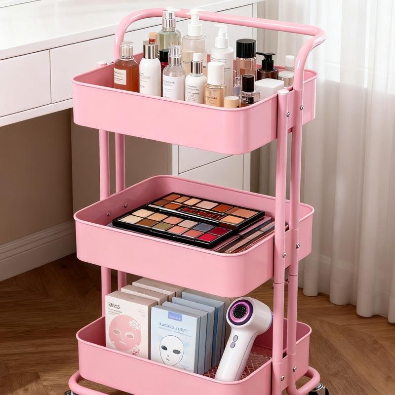 رف تخزين معدني بثلاث طبقات، دوار، وردي، 85×45×37 سم