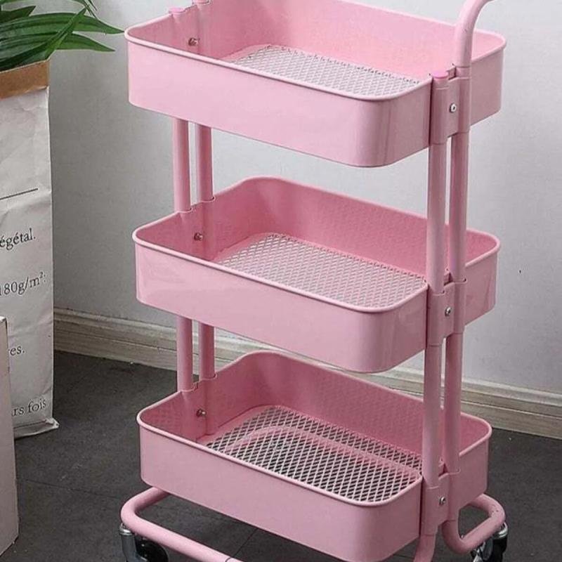 رف تخزين معدني بثلاث طبقات، دوار، وردي، 85×45×37 سم