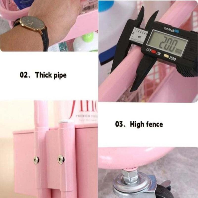 رف تخزين معدني بثلاث طبقات، دوار، وردي، 85×45×37 سم