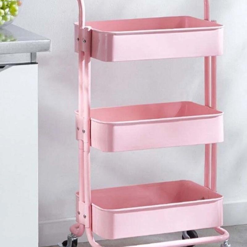 رف تخزين معدني بثلاث طبقات، دوار، وردي، 85×45×37 سم