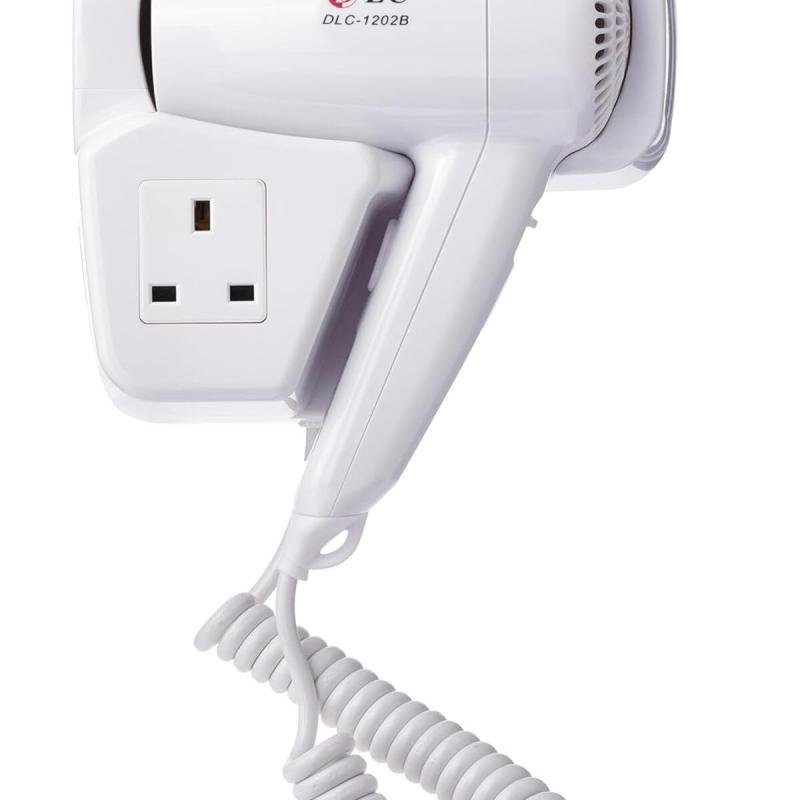 مجفف شعر بقوة ١٢٠٠ واط، بتردد ٦٠/٥٠ هرتز، مزود بثلاثة منافذ طاقة. سهل التركيب على الحائط (أبيض)