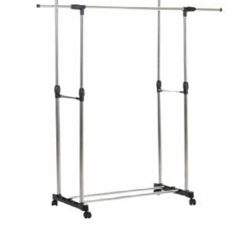 شماعة ملابس مزدوجة القطب محمولة قابلة للتمدد، ستانلس ستيل، فضي :