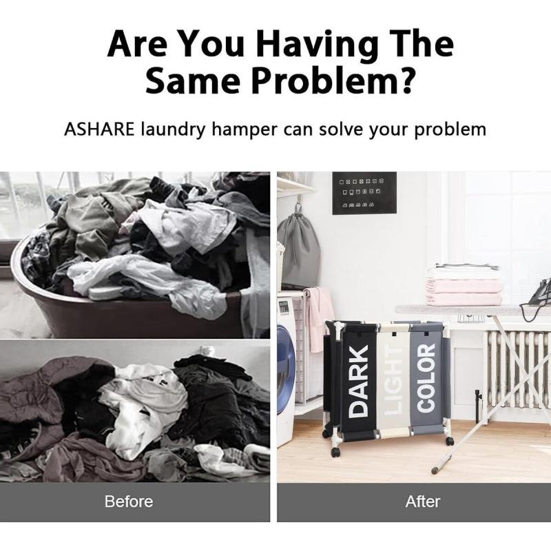 سلة غسيل 3 أقسام 64 X 60 X 35 سم,بعجلات وغطاء علوي، لتنظيم الغسيل بسهولة في البيت