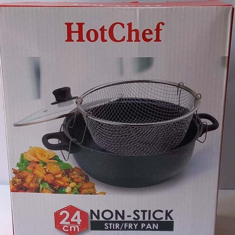 مقلاة عميقة غير لاصقة 24 سم مع غطاء زجاجي تعمل بالحث