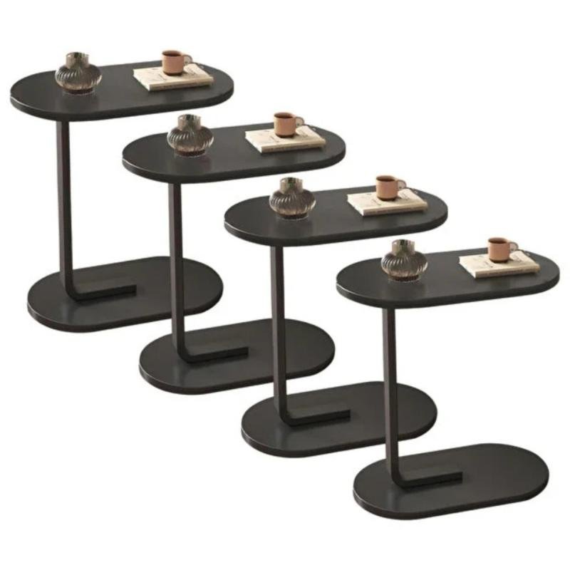 طقم من 4 قطع - طاولة قهوة عصرية | طاولة جانبية على شكل حرف C بسطح من الخشب الأسود وإطار معدني أسود