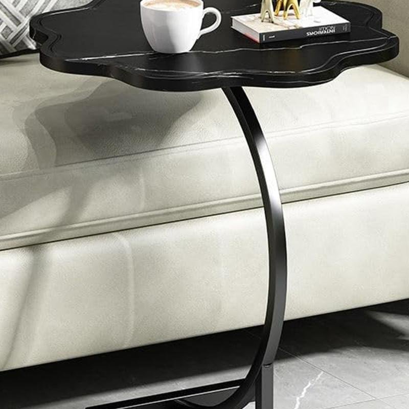 طاولة قهوة عصرية | طاولة جانبية على شكل حرف C بسطح خشبي على شكل زهرة وإطار معدني أسود