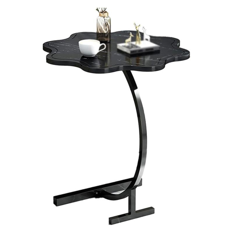 طاولة قهوة عصرية | طاولة جانبية على شكل حرف C بسطح خشبي على شكل زهرة وإطار معدني أسود