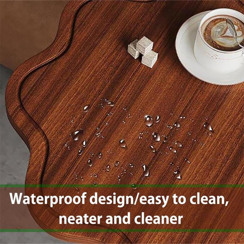 طاولة قهوة عصرية | طاولة جانبية على شكل حرف C بسطح خشبي على شكل زهرة وإطار معدني أسود