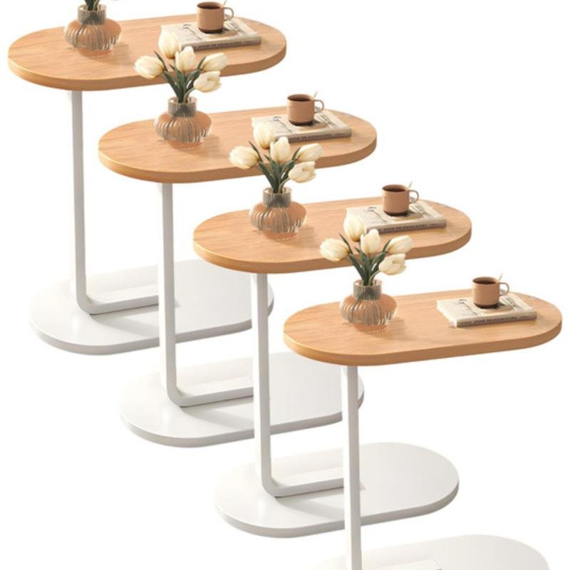 مجموعة من 4 طاولات قهوة عصرية | طاولة جانبية على شكل حرف C بسطح من الخشب البيج وإطار معدني أبيض