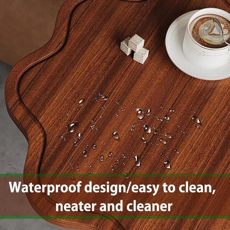 طاولة قهوة عصرية مكونة من 4 قطع وطاولة جانبية على شكل حرف C مع سطح خشبي على شكل زهرة وإطار معدني باللون الأسود