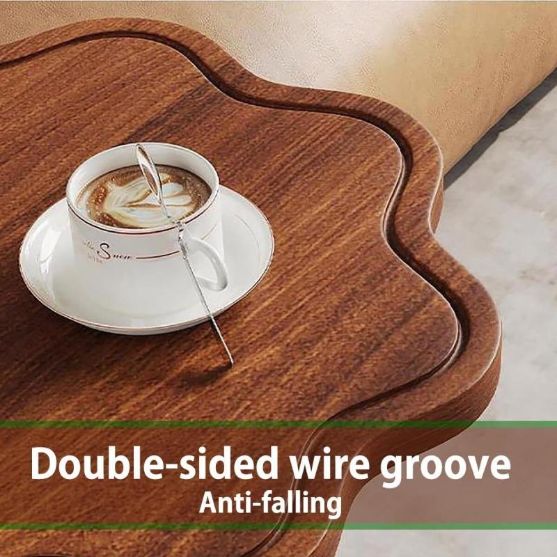 طاولة قهوة عصرية | طاولة جانبية على شكل حرف C بسطح خشبي على شكل زهرة وإطار معدني باللون البني