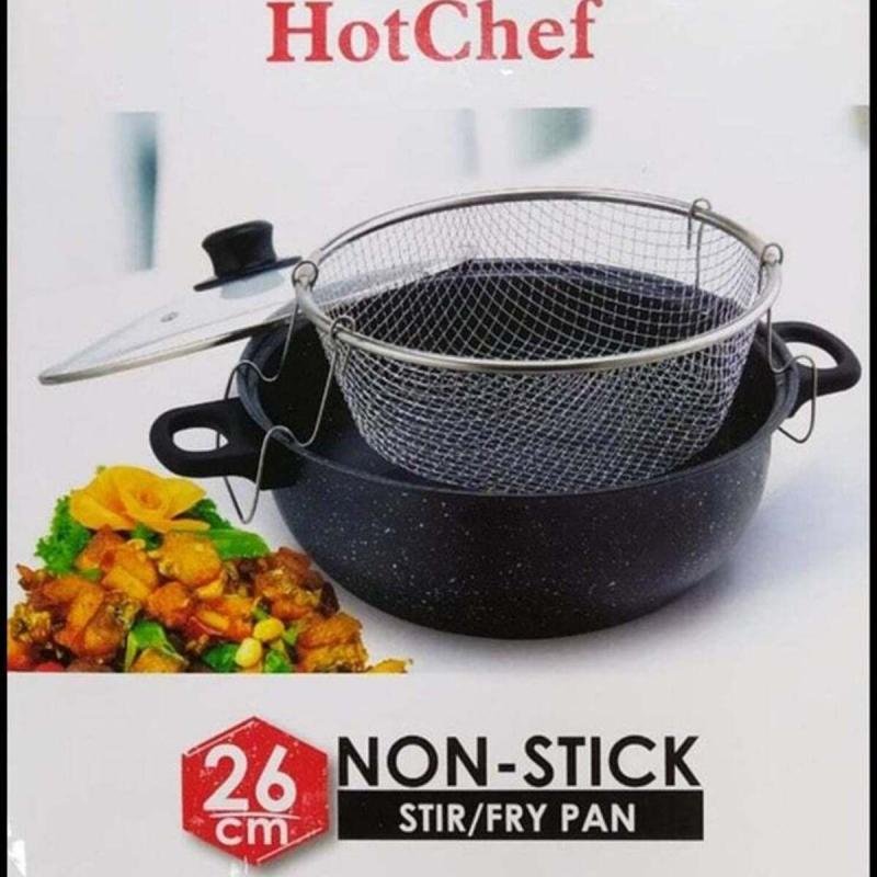 مقلاة عميقة غير لاصقة 26 سم مع غطاء زجاجي تعمل بالحث