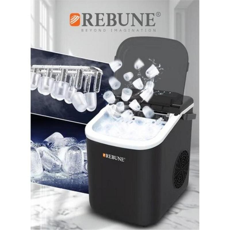 صانعة ثلج REBUNE بتصميم مدمج بقوة 112 واط، لون أسود، سعة 1.1 لتر، RE-6-043