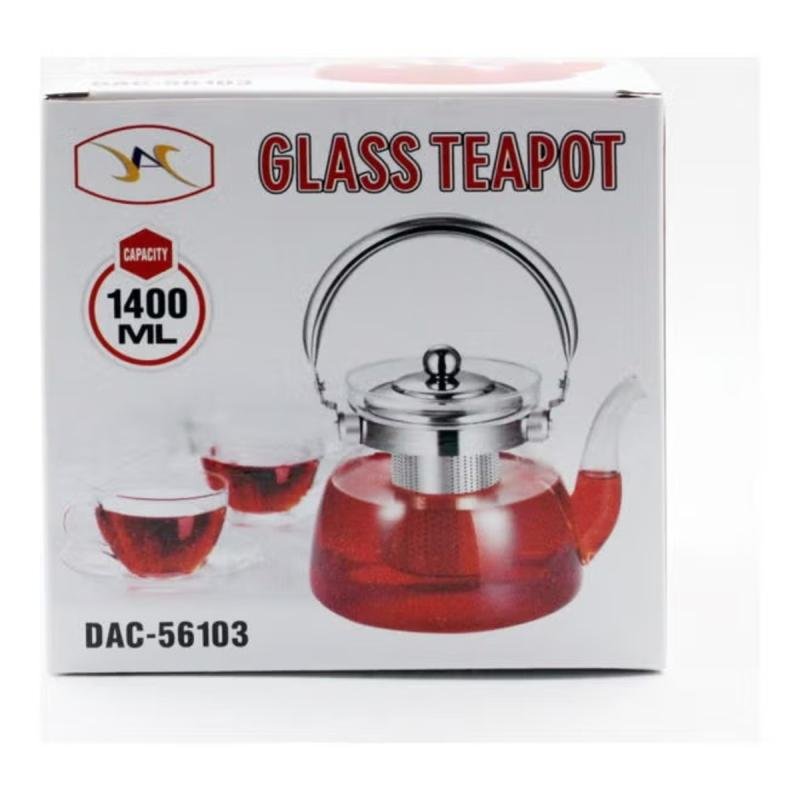 إبريق شاي زجاجي مع فلتر من الفولاذ المقاوم للصدأ شفاف 1400 مل