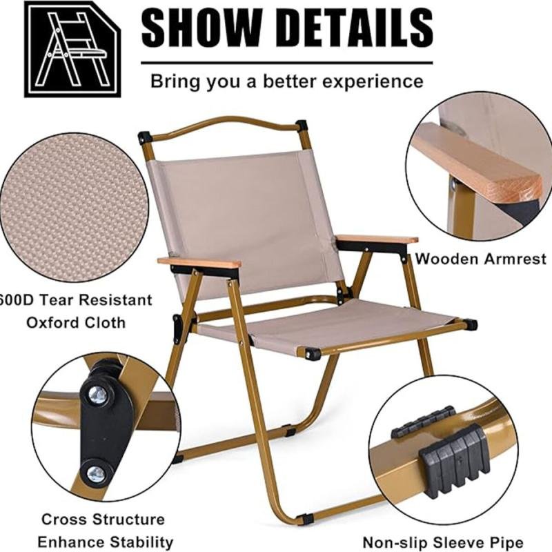 كرسي تخييم قابل للطي بإطار من الألومنيوم، للنزهات والشاطئ والحديقة، لون بيج - 78 ارتفاع × 40 ارتفاع × 52 عمق × 52 عرض سم