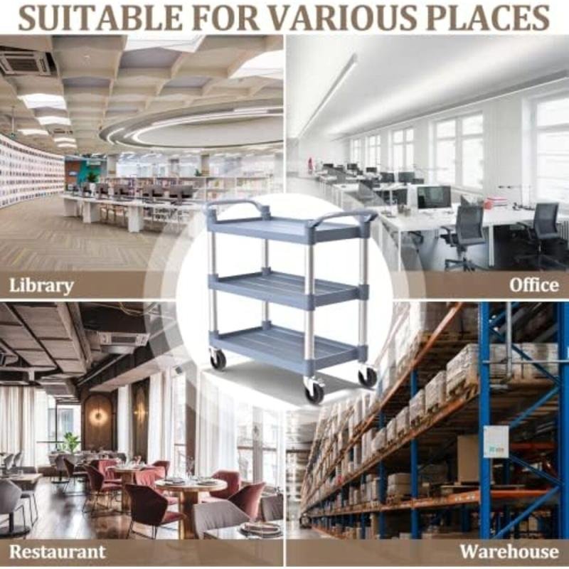 عربة خدمة 3 طبقات قوية بعجلات قابلة للقفل,سعة 500 باوند، متعددة الاستخدام للمطبخ والمكتب و المطاعم