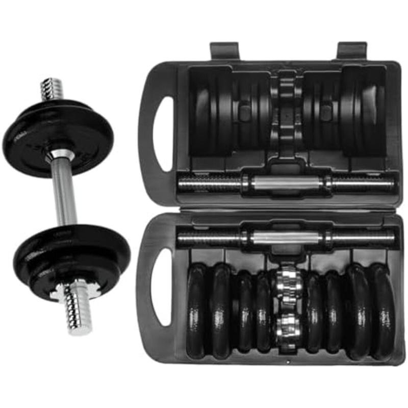 مجموعة دمبل حديد 20 كجم قابلة للتعديل – أوزان تمرين للمبتدئين والمحترفين مع بار طويل وأقفال أمان