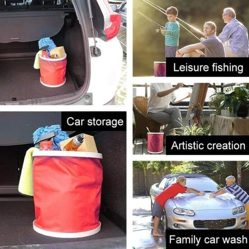 دلو ماء قابل للطي والحمل، سعة 9-11 لترًا، أحمر - مناسب للسفر والتخييم والبستنة وغسيل السيارات