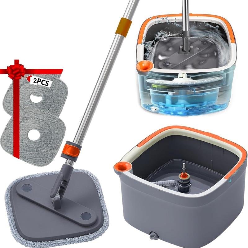 مجموعة ممسحة دوارة مع دلو ونظام مياه منفصل ذاتيًا، رأس ممسحة دوارة 360 درجة مربعة الشكل