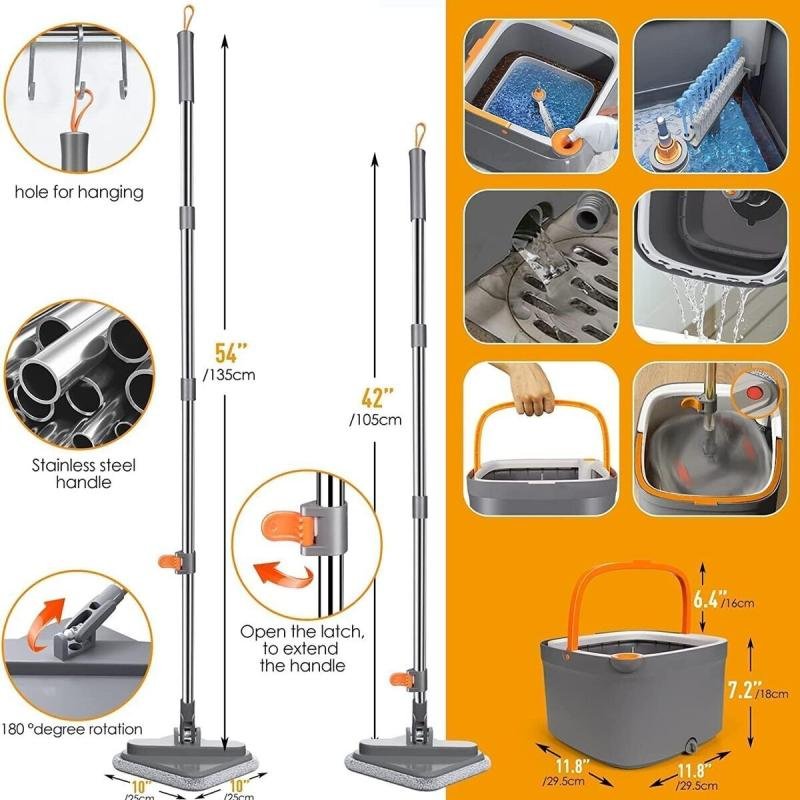مجموعة ممسحة دوارة مع دلو ونظام مياه منفصل ذاتيًا، رأس ممسحة دوارة 360 درجة مربعة الشكل