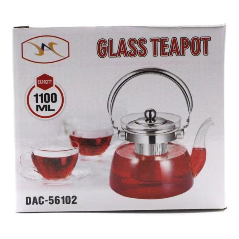 إبريق شاي زجاجي مع فلتر من الفولاذ المقاوم للصدأ شفاف 1100 مل