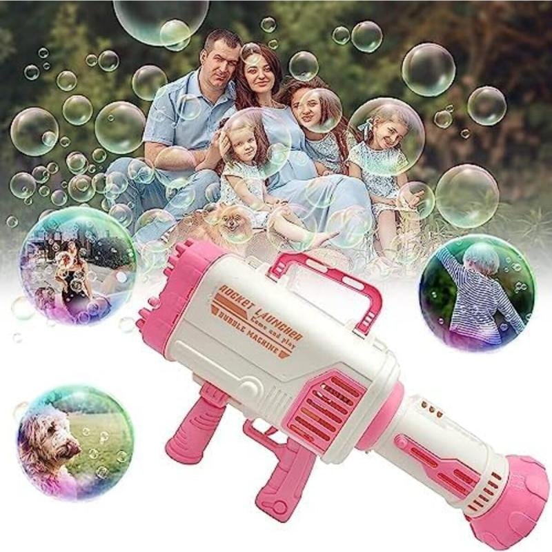 آلة نفخ الفقاعات مع 32 فوهة ومحلول الفقاعات، باللون الوردي