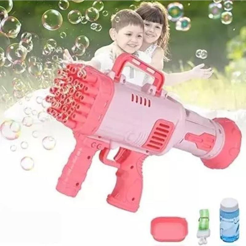 آلة نفخ الفقاعات مع 32 فوهة ومحلول الفقاعات، باللون الوردي