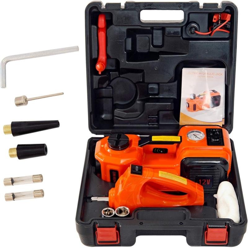 رافعة سيارة سعة 5 أطنان مع ضاغط هواء مدمج، مفتاح ربط كهربائي، أدوات سيارة مزودة بإضاءة LED، آمنة