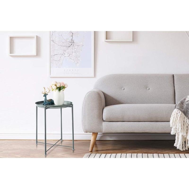 طاولة جانبية دائرية مقاومة للصدأ والماء، لون رمادي طاولة بجانب السرير لغرفة المعيشة وغرفة النوم