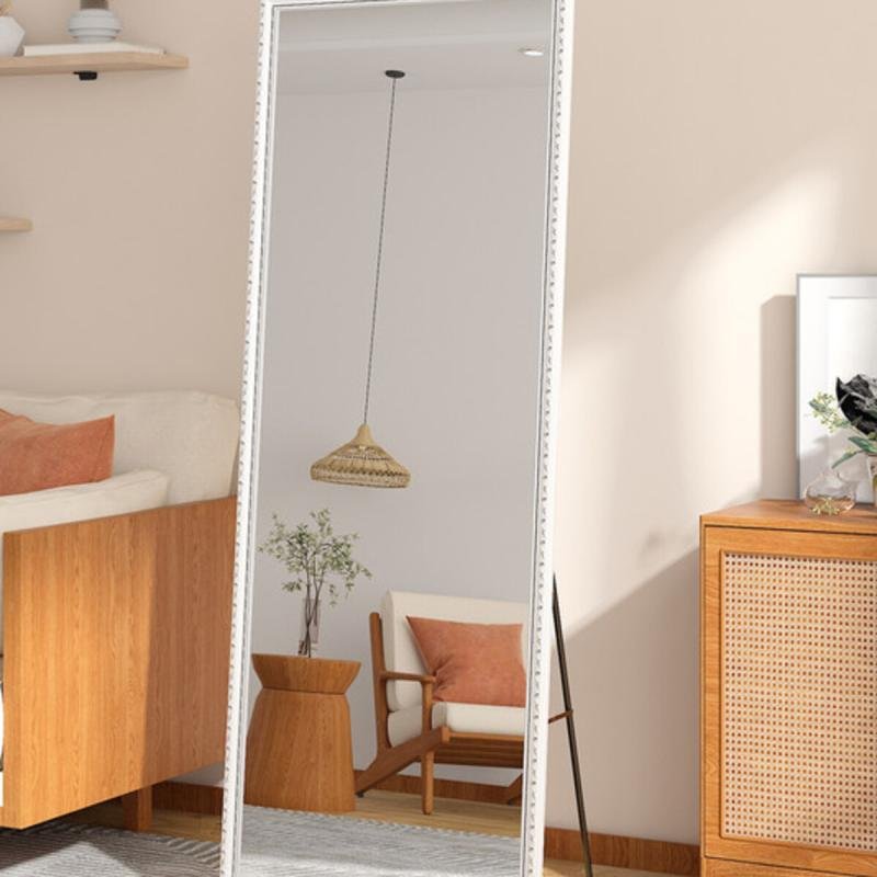 مرآة أرضية معدنية كاملة الطول بتصميم خشبي 160 × 50 سم، لون أبيض/فضي